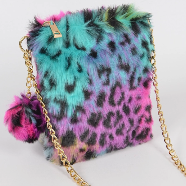 HB132 Furry Rainbow Leopard Mini Handbag Lost and Found
